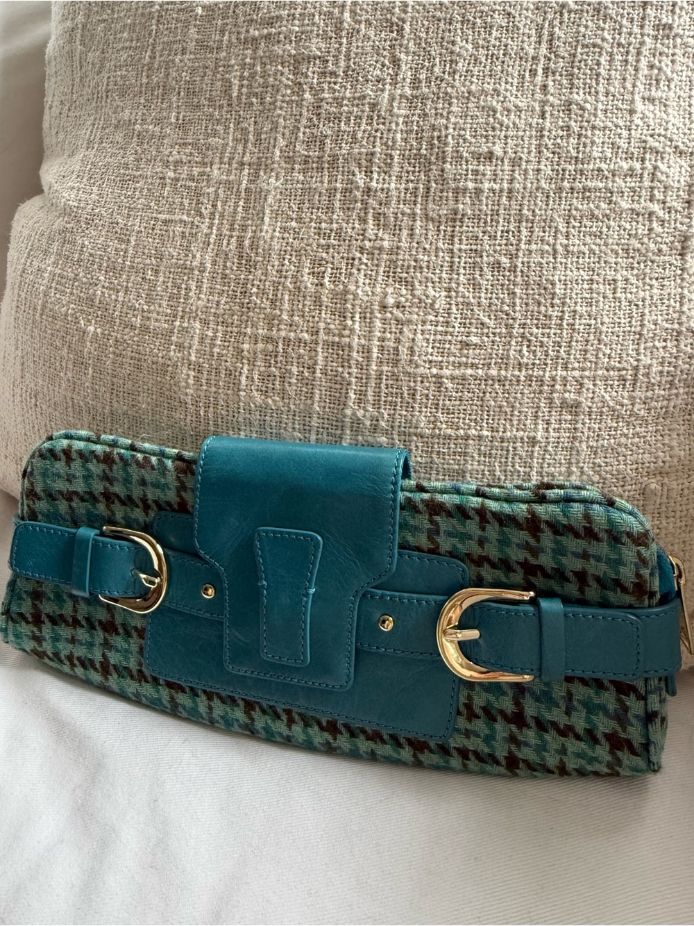 Wool & Leather Teal Houndstooth Clutch with Gold Buckles
